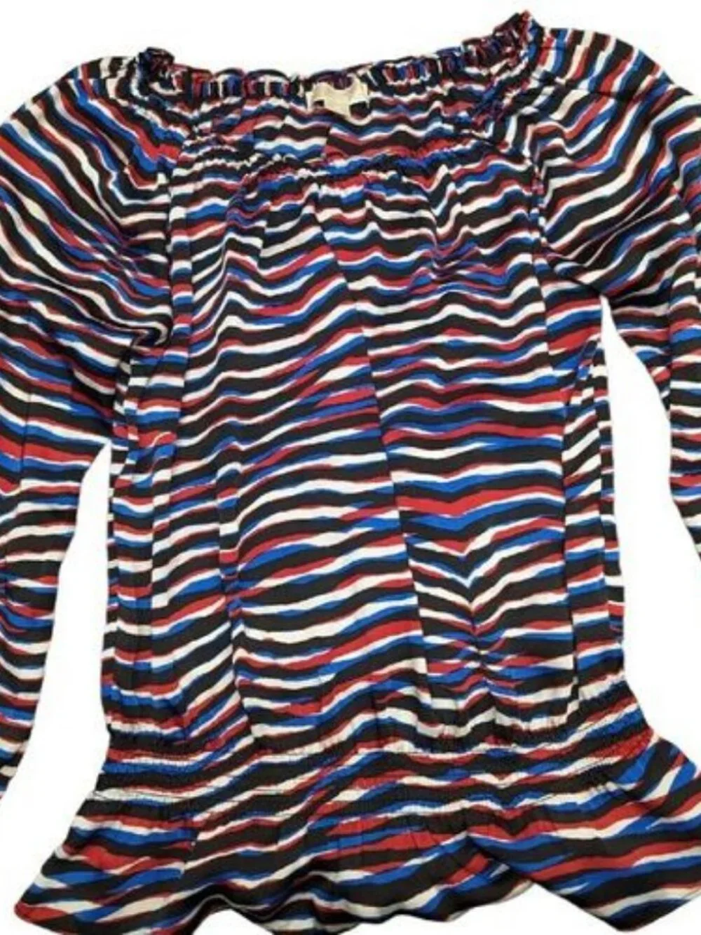 Michael Kors Striped Long Sleeve Blouse Elastic Neck Peplum Top Women's Shirt XS